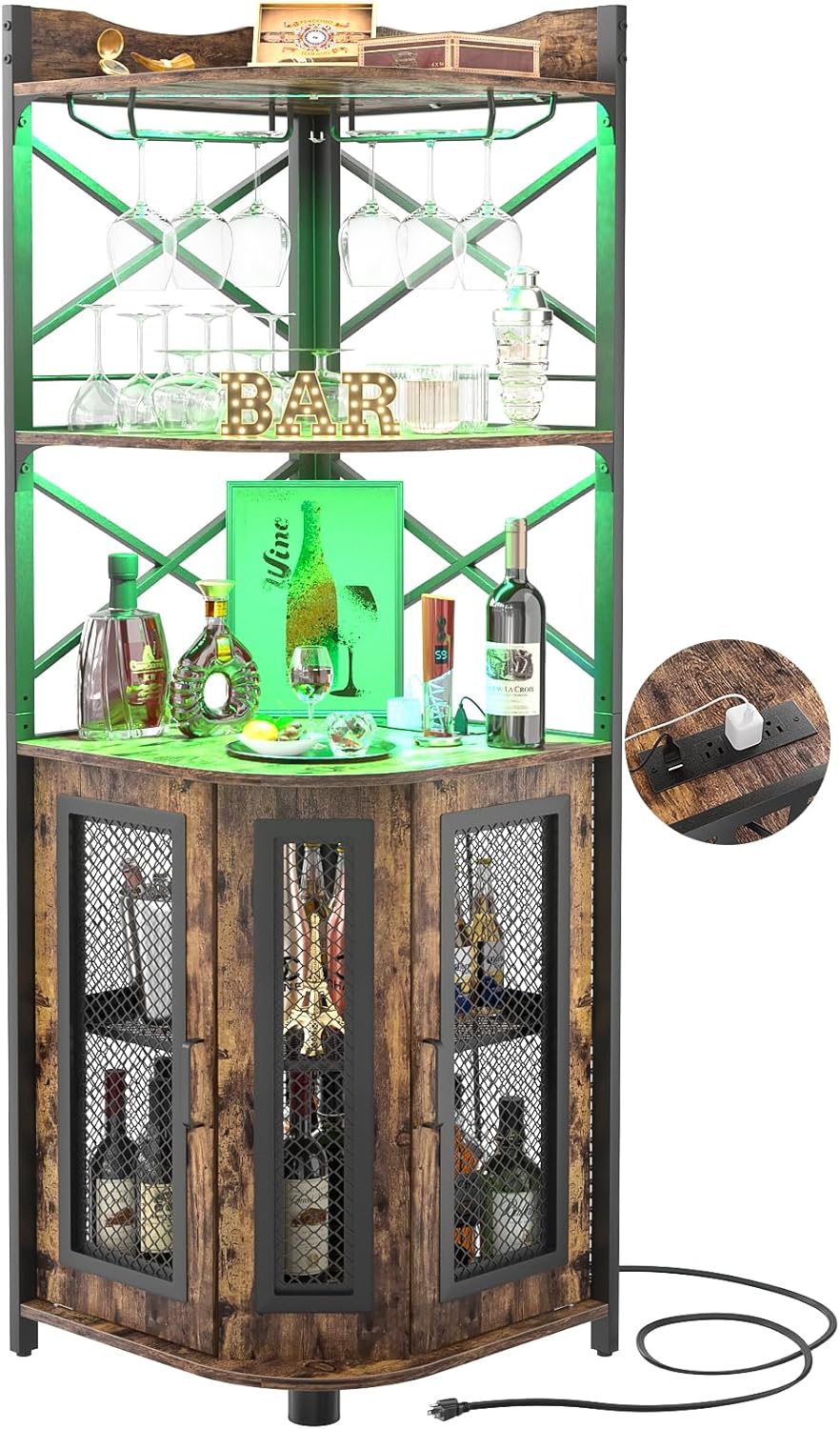 Aheaplus Corner Bar Cabinet with Power Outlet, Industrial Wine Cabinet with LED Strip and Glass Holder, 5-Tiers Liquor Cabinet Bar Unit for Home, Corner Display Cabinet for Small Space, White Oak