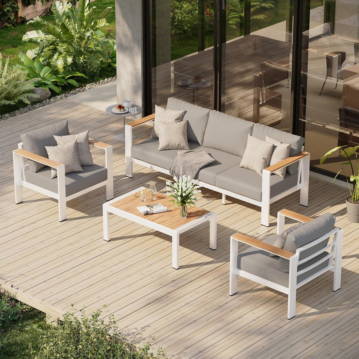 Aluminum Outdoor Patio Furniture Set with Coffee Table, 4 Piece Patio Conversation Sets with Washable Thick Cushions