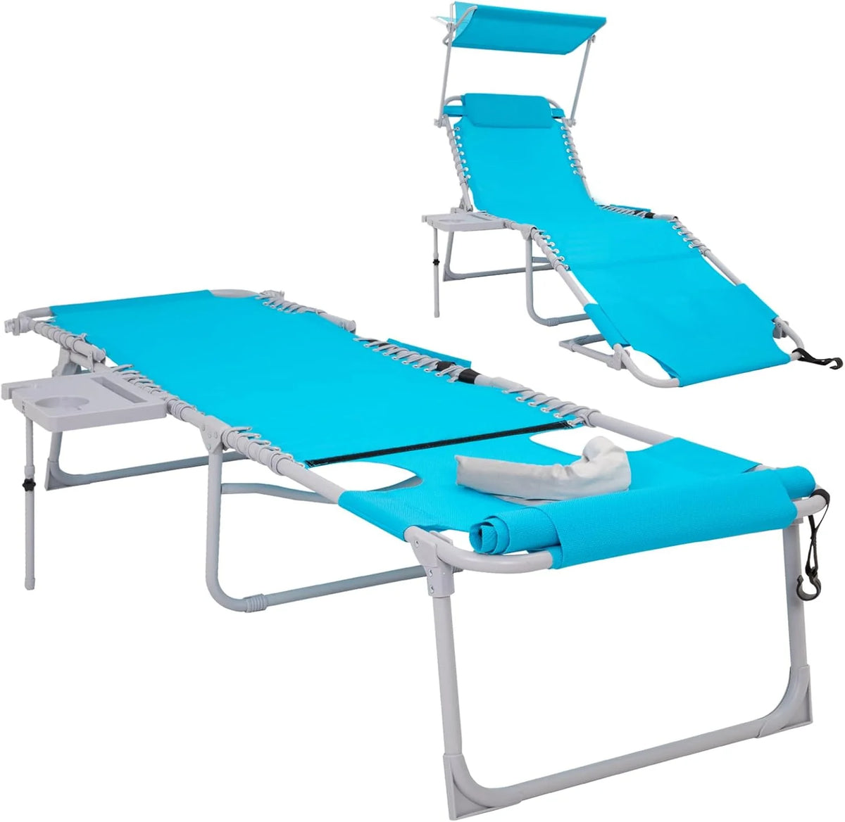 2 Pack Outdoor Chaise Lounge Chair - Portable Folding Patio Pool Lounge Chair, 5 Positions Adjustable Reclining Camping Chair with Side Table,Shoulder Strap, Pillow for Beach Sunbathing Lawn