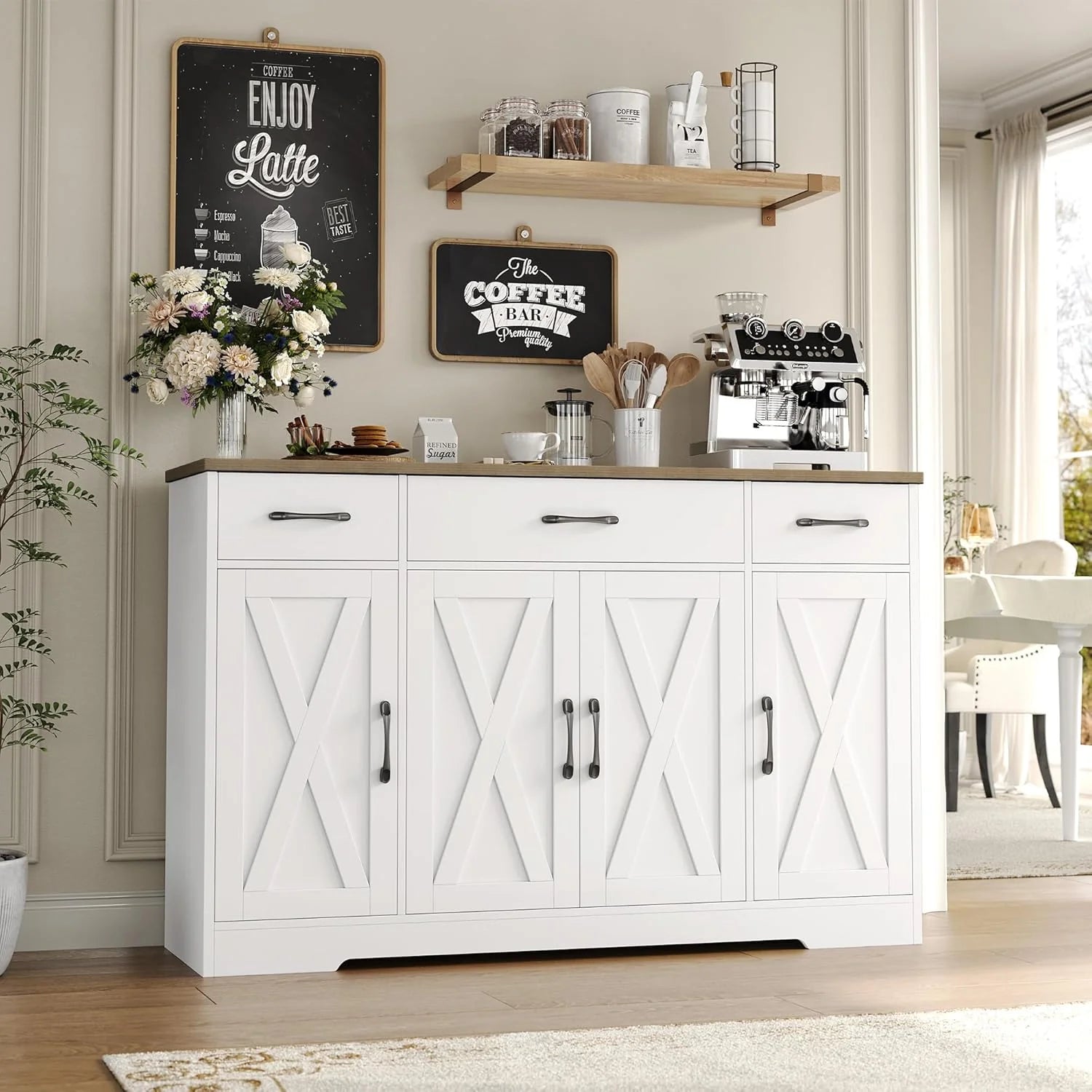 HOSTACK Buffet Cabinet with Drawers, 55" Large Sideboard Buffet Storage Cabinet with Shelves and Doors, Modern Farmhouse Coffee Bar Station Wood Kitchen Table for Kitchen, Dining Room, White/Rustic