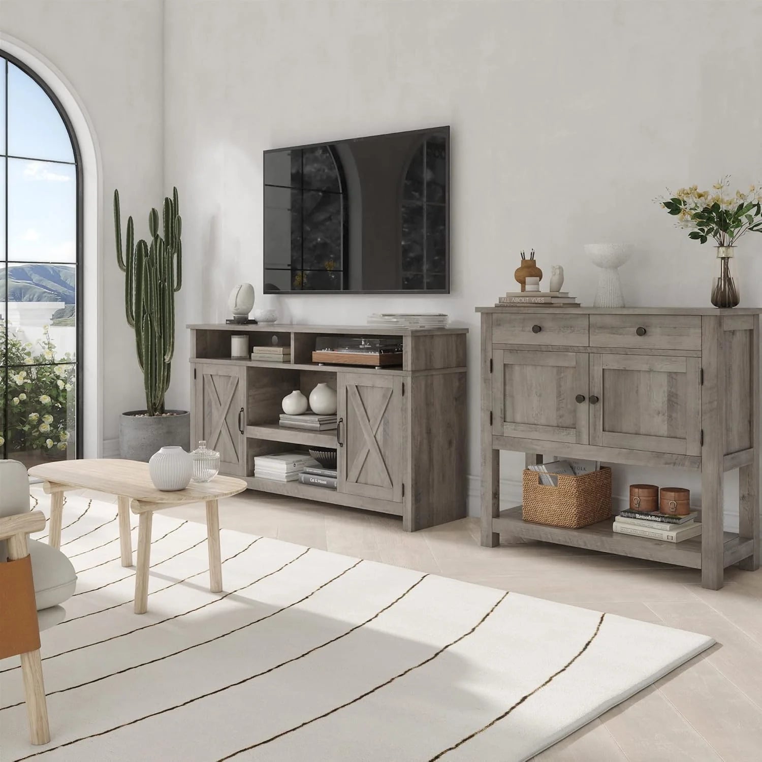 Farmhouse style console table coffee bar, entry table with storage rack, sofa table buffet sideboard