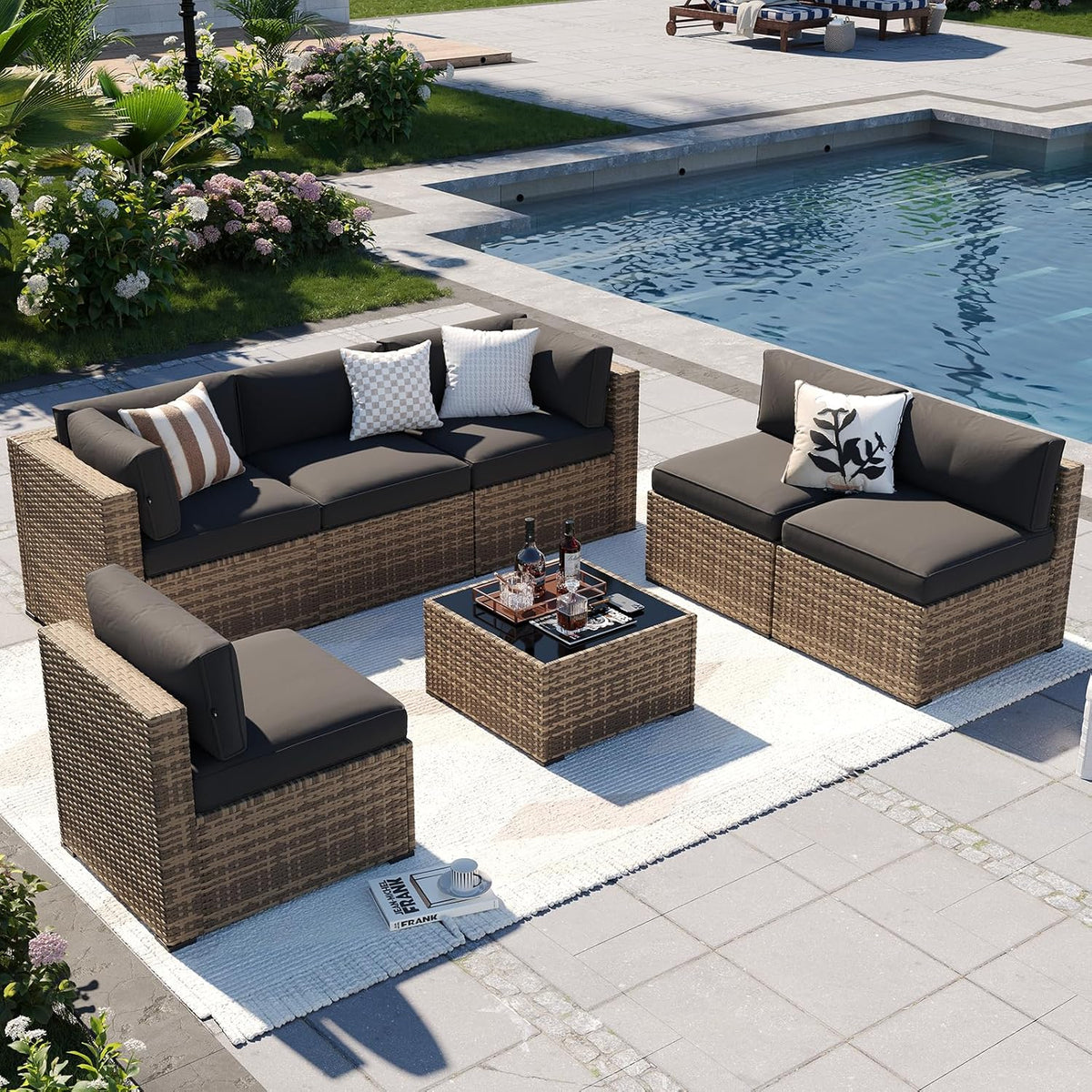 Aoxun Patio Furniture Sets, 7-Piece Outdoor Patio Furniture with Thick Cushions, Wicker Outdoor Conversation Set Sectional Sofa for Backyard, Poolside, Garden