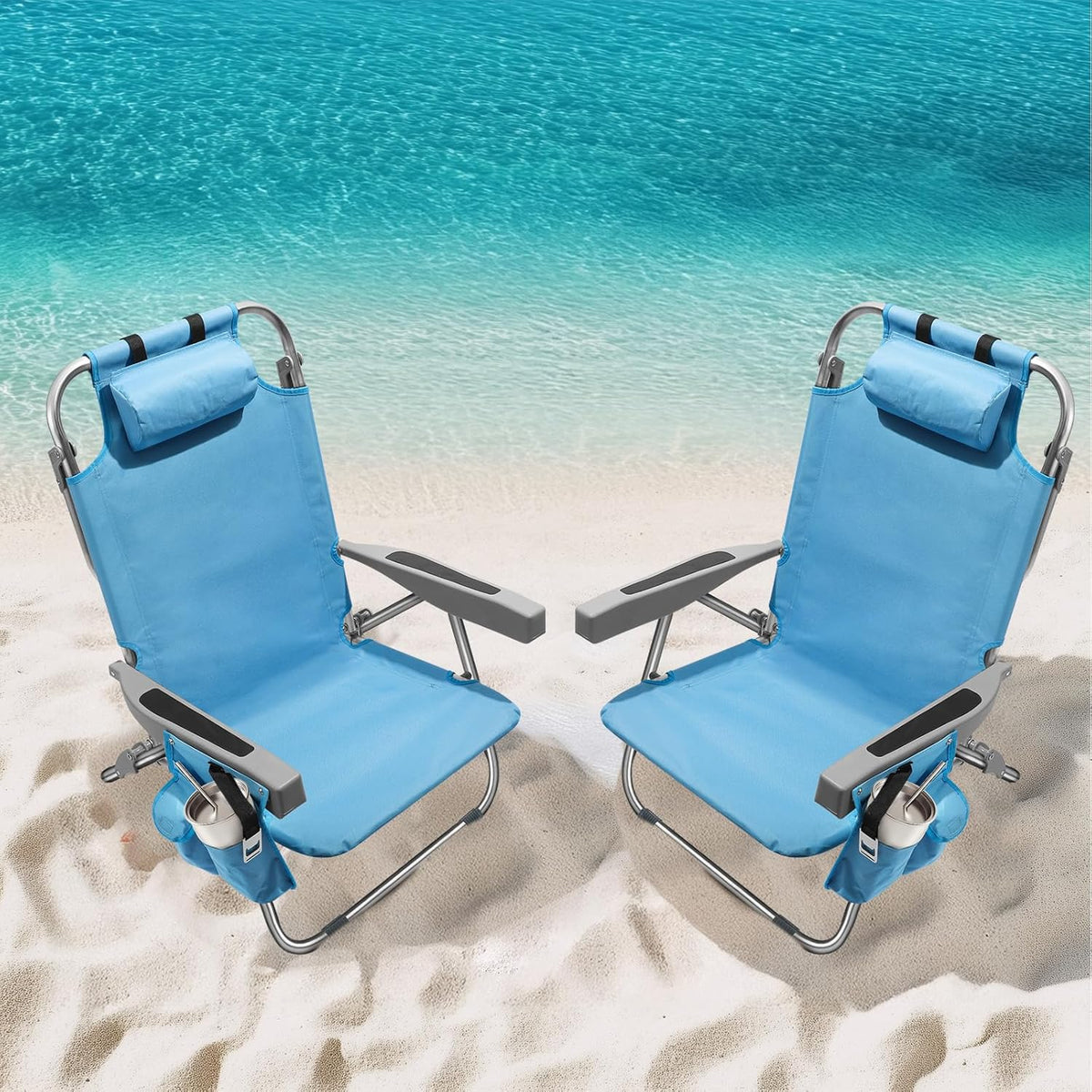 5-Position Aluminum Lay Flat Tall Backpack Beach Chairs 2 Pack Compact Portable Beach Chairs for Adults with Cooler Pouch, Storage Pouch, Towel Bar, Cup Holder & Phone Holder, Blue Stripe