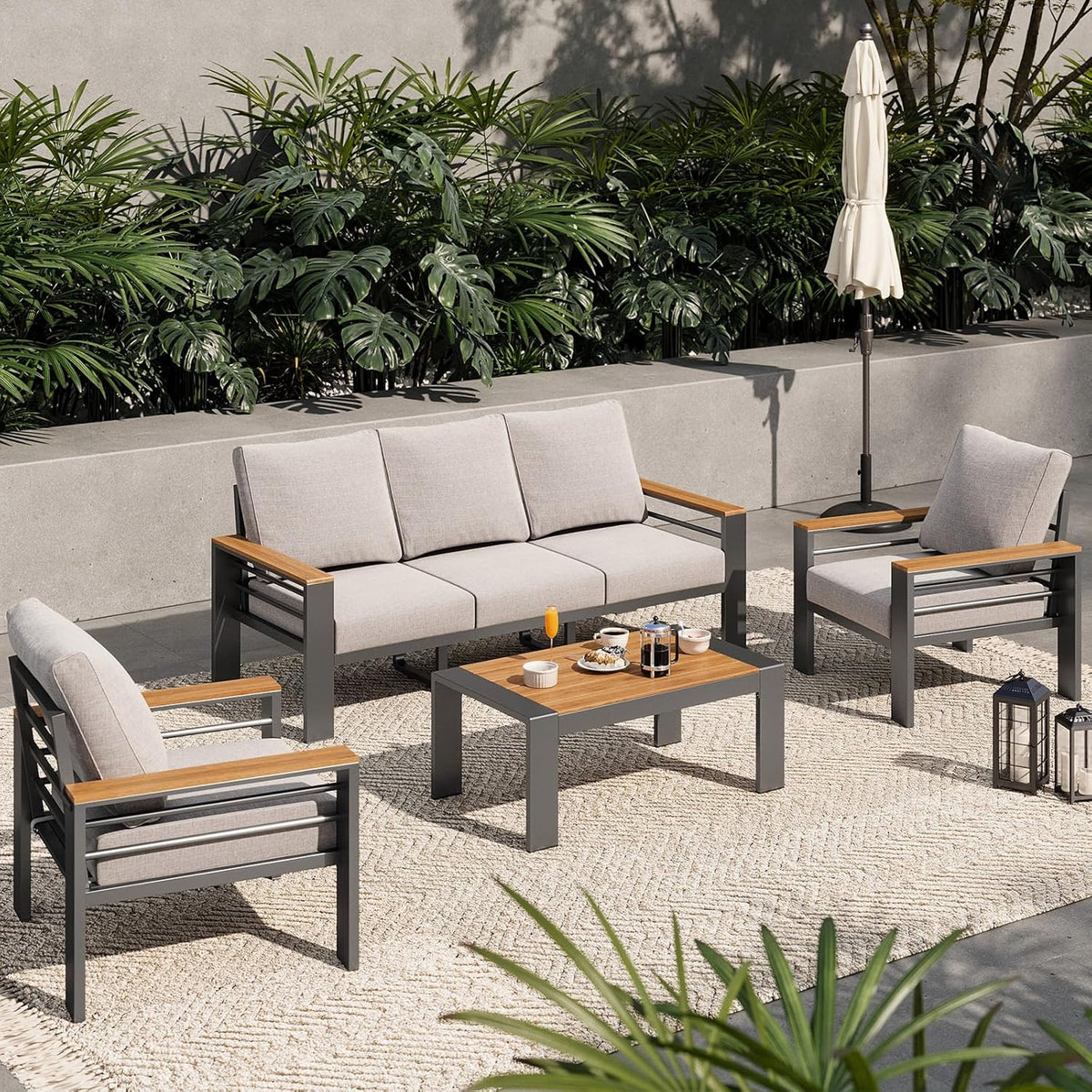Aoxun Aluminum Outdoor Patio Furniture Set, 5 Seats Outdoor Sectional with Coffee Table, Patio Conversation Sets with Upgraded Armrests and Cushions for Backyard, Garden and Poolside