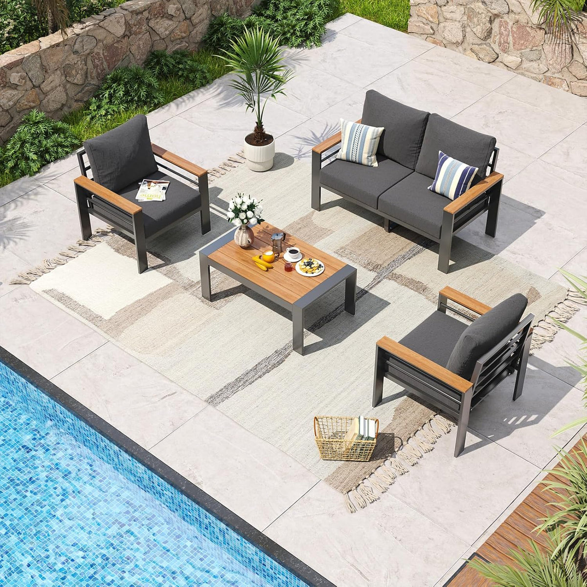 Aoxun Aluminum Patio Furniture Set 7 Seats, Oversized Outdoor Sectional with Washable Thick Cushions, Coffee Table and Waterproof Cover, Patio Conversation Sets for Porch, Balcony, Deck